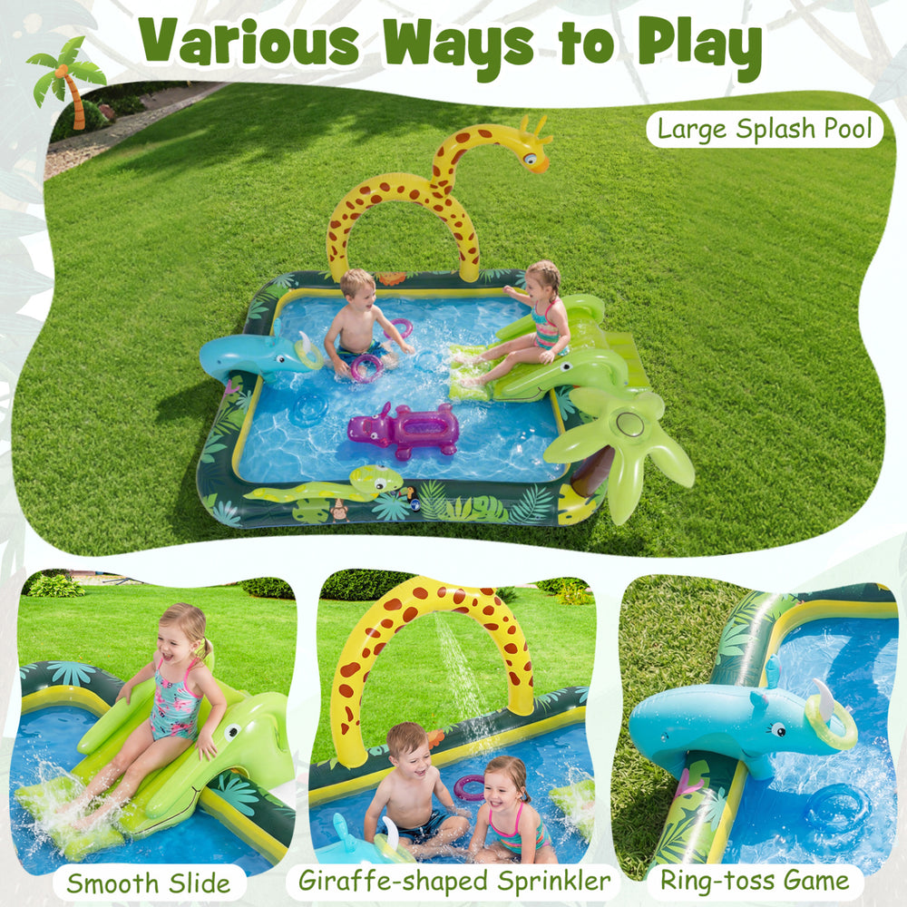 Jungle animal spray pool with giraffe-shaped sprinkler, smooth slide, and ring-toss game for outdoor fun.