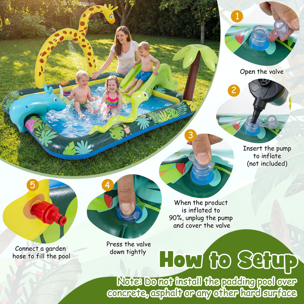 Jungle animal spray pool with slide, giraffe-shaped sprinkler, thick PVC, ideal for 2-3 kids aged 2-6 for backyard fun.