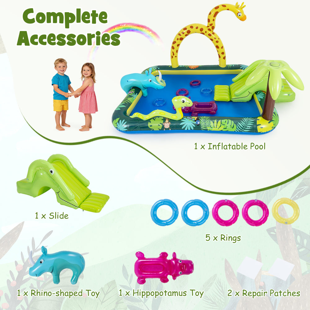 Jungle animal inflatable play center with slide, giraffe sprinkler, and accessories for kids' outdoor fun in the.