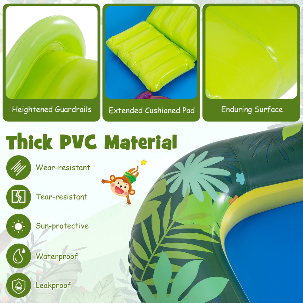 Giraffe-shaped inflatable spray pool with slide, made of thick PVC, ideal for kids' outdoor fun in the backyard.