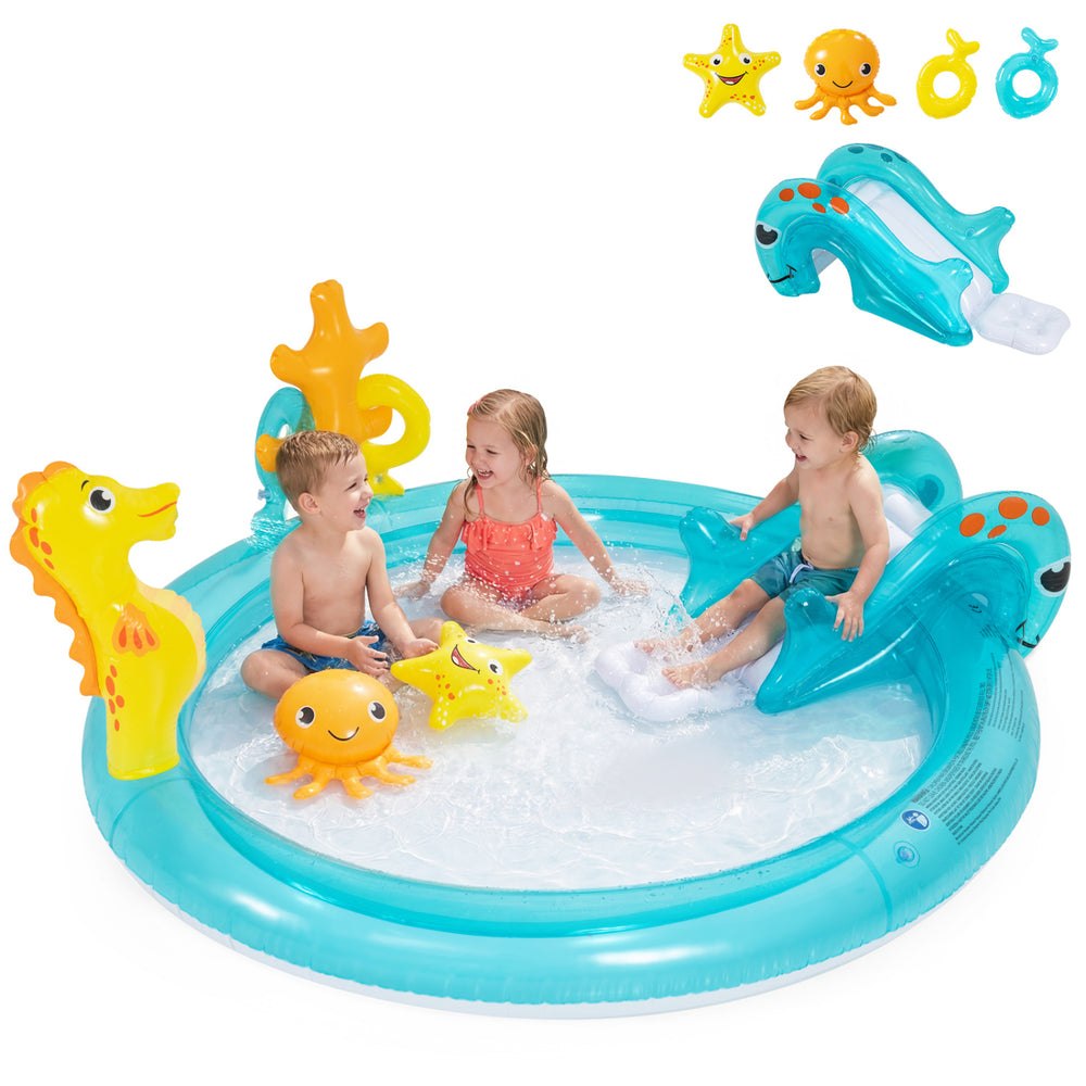 Children enjoying the Outdoor Children Summer Water Park with a seahorse sprinkler and smooth slide for backyard fun.