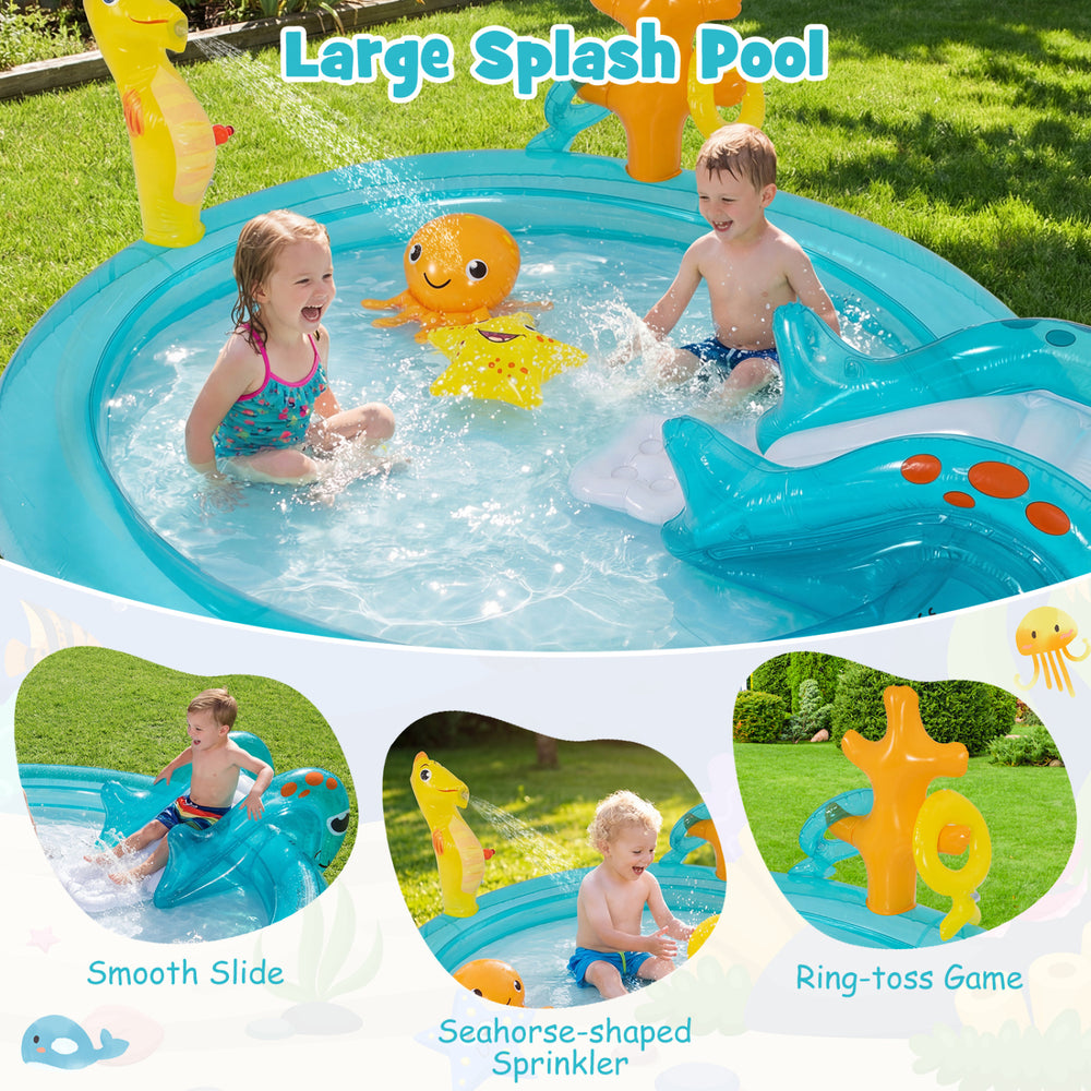 Large splash pool with smooth slide and seahorse-shaped sprinkler, perfect for outdoor fun for 2-3 children.