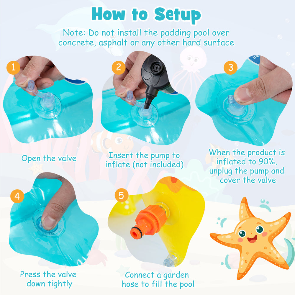 Setup instructions for the Outdoor Children Summer Water Park, featuring valves and pump for quick inflation.