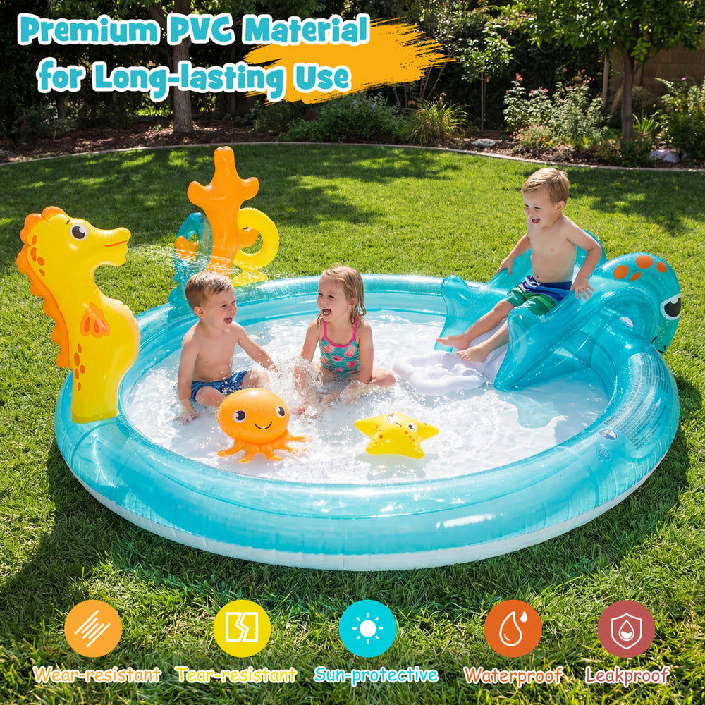 Children enjoying the Outdoor Summer Water Park with a seahorse sprinkler, made of premium PVC for durability.