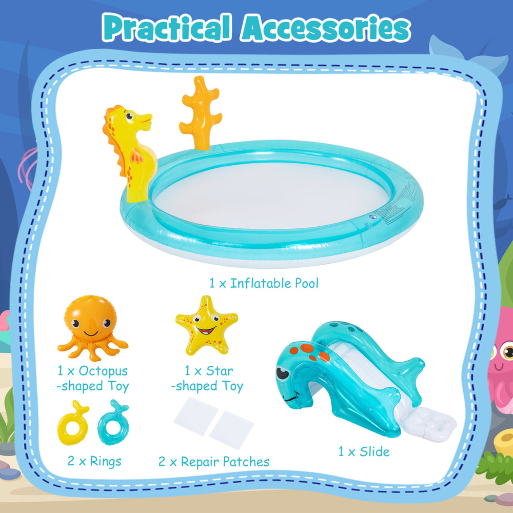 Inflatable pool with seahorse sprinkler, slide, and accessories for summer fun in the backyard, suitable for young.
