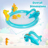 Outdoor children summer water park with seahorse sprinkler, slide, and splash pool for backyard fun, suitable for ages.