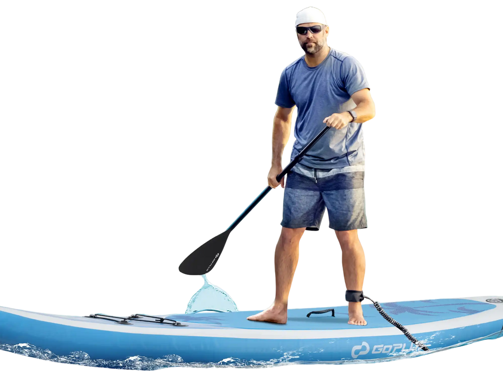 Inflatable stand up paddle board in use on water, featuring a stylish coco motif and adjustable aluminum paddle.