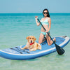 Inflatable stand-up paddle board in the ocean with a golden retriever, featuring a stylish coco motif and adjustable.