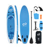 Inflatable stand up paddle board in blue with accessories, including adjustable paddle, fins, and carry backpack for.