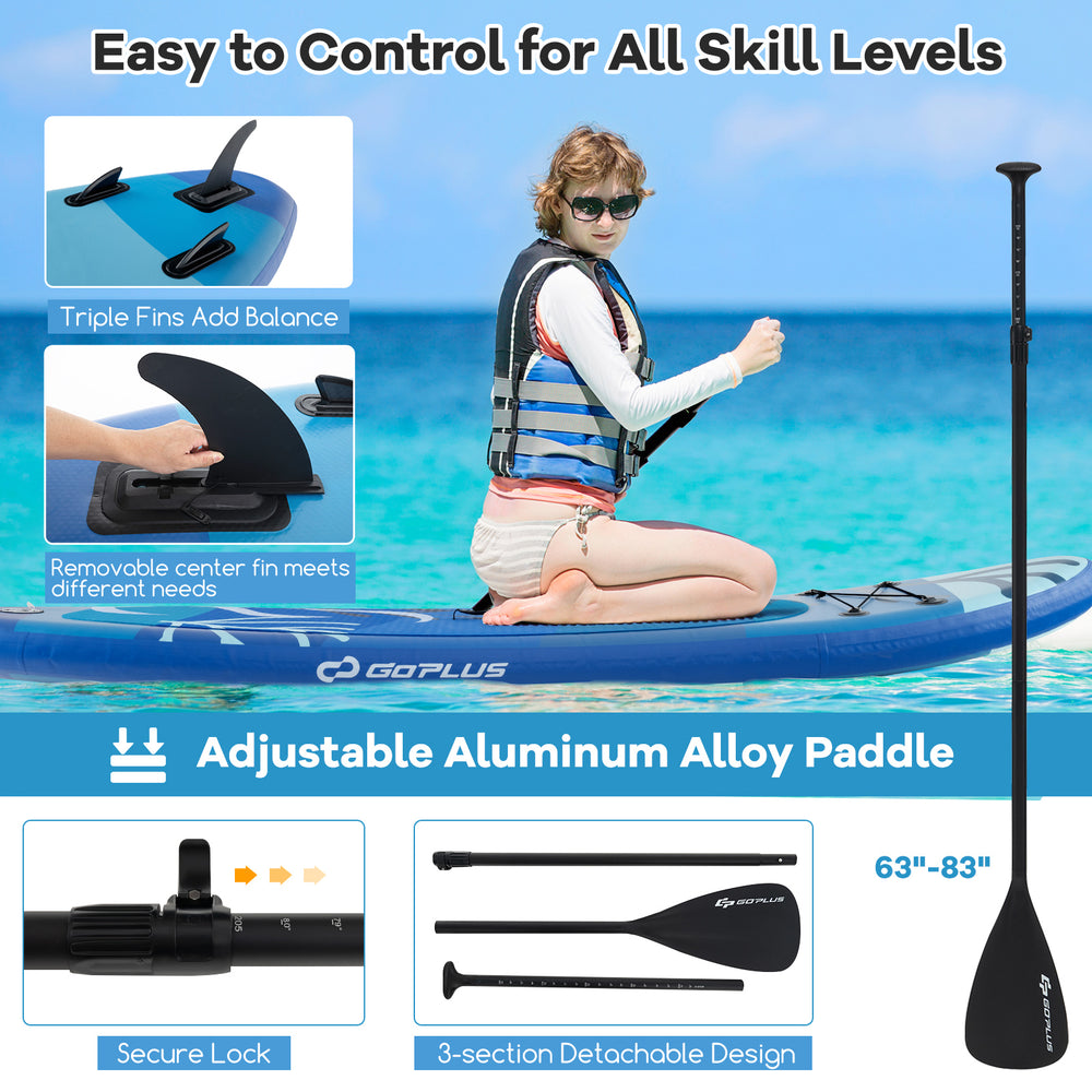 Inflatable stand up paddle board with adjustable aluminum alloy paddle, triple fins for balance, and non-slip EVA pad.