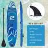 Inflatable stand up paddle board with blue design, 10' x 30" x 6", includes adjustable paddle and removable center fin.