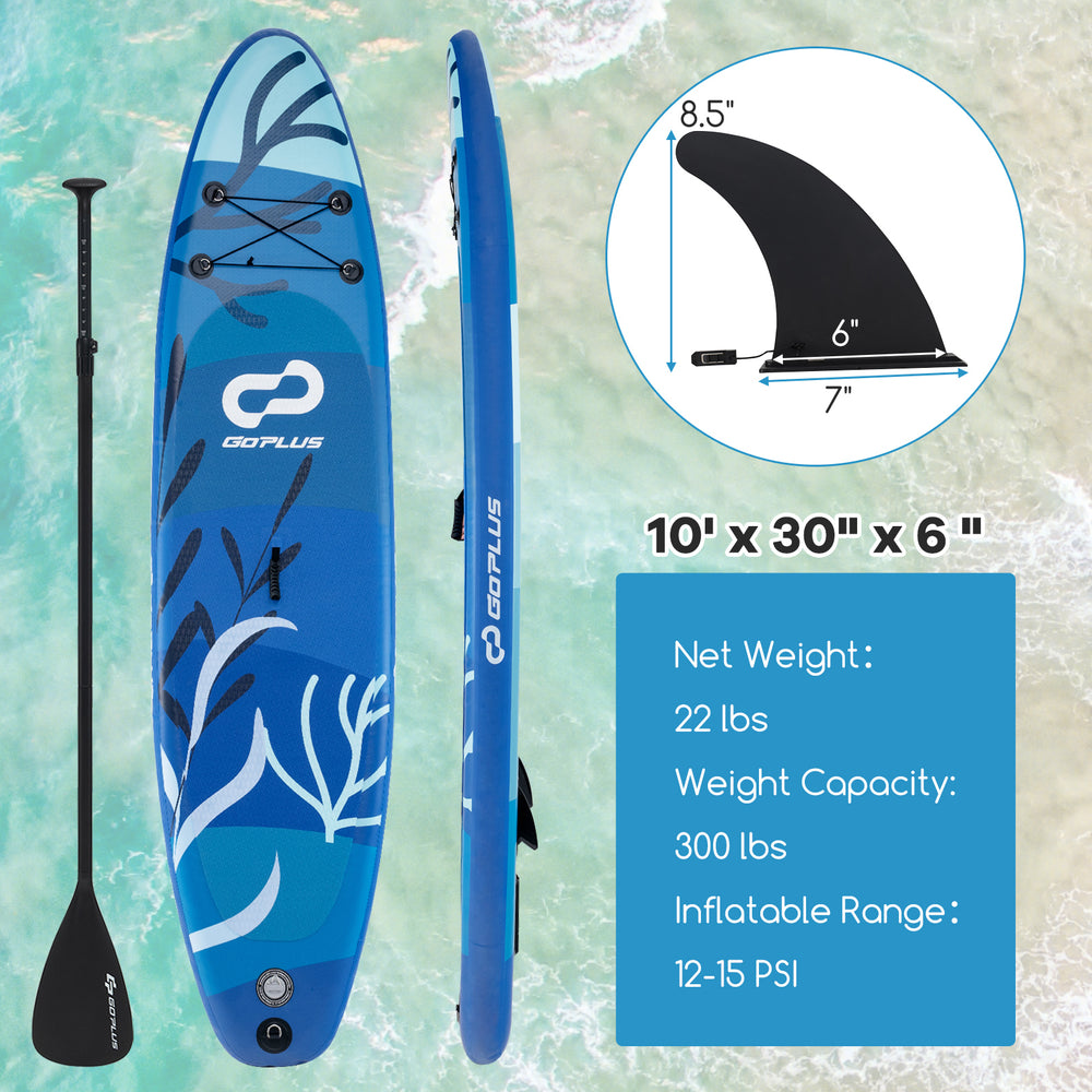 Inflatable stand up paddle board with blue design, 10' x 30" x 6", includes adjustable paddle and removable center fin.