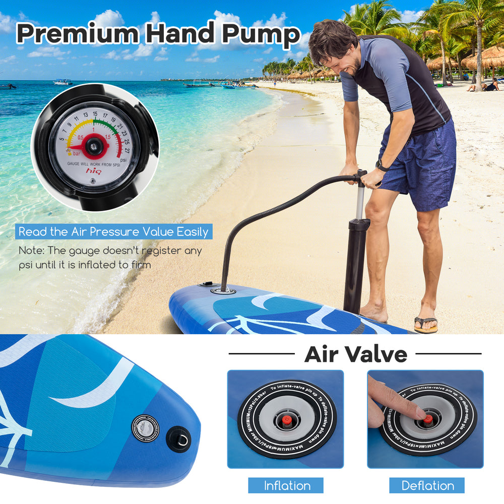 Inflatable stand up paddle board with premium hand pump, featuring a pressure gauge and non-slip EVA pad for safety.