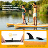 Inflatable stand-up paddle board with adjustable 5.3-7 FT paddle and triple balance fins for enhanced stability.