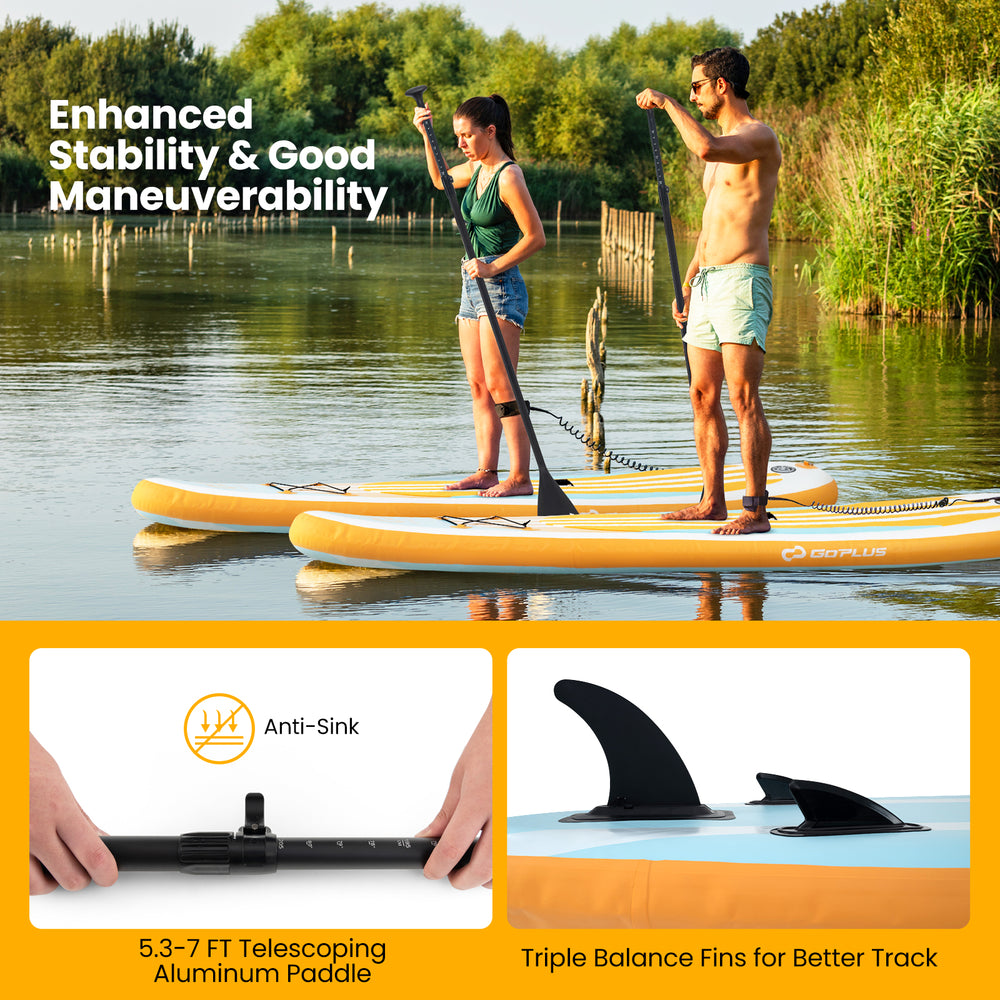 Inflatable stand-up paddle board with adjustable 5.3-7 FT paddle and triple balance fins for enhanced stability.