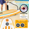 Inflatable stand-up paddle board with adjustable paddle, pressure gauge pump, and anti-slip EVA pad for stability.