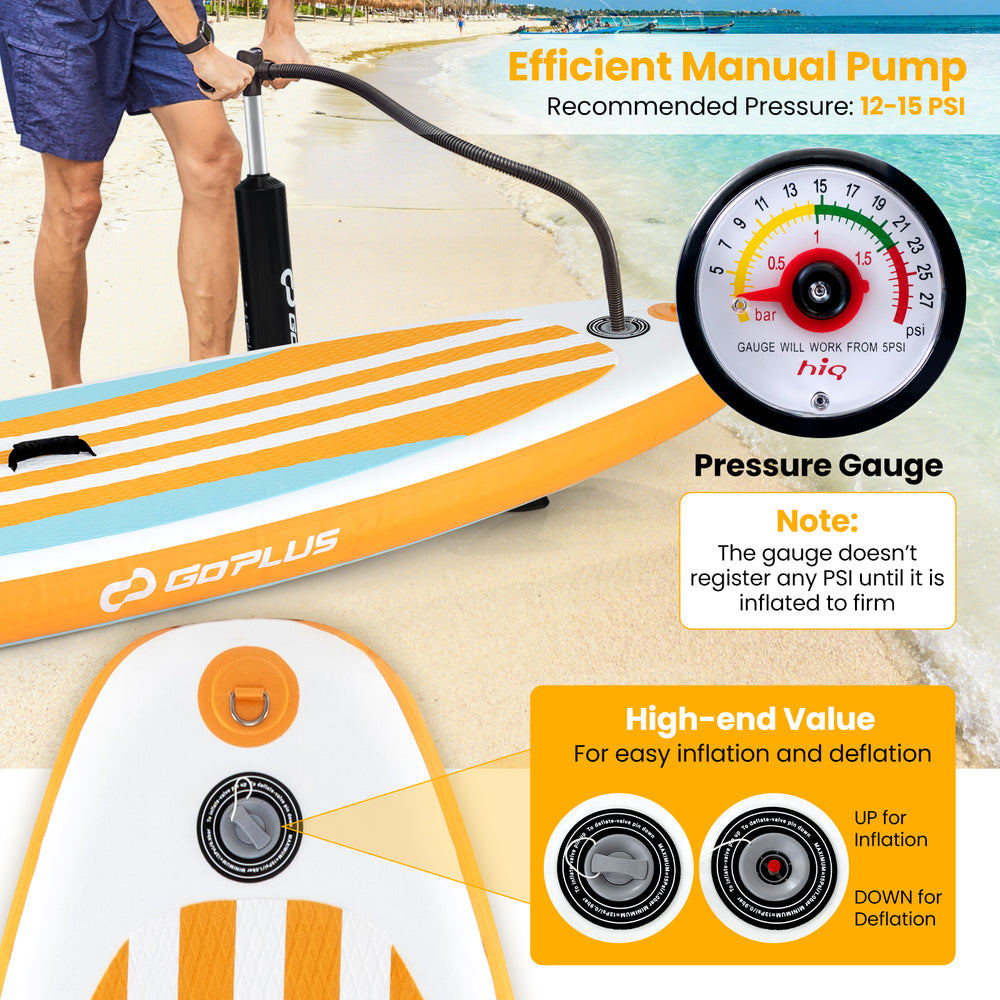Inflatable stand-up paddle board with adjustable paddle, pressure gauge pump, and anti-slip EVA pad for stability.
