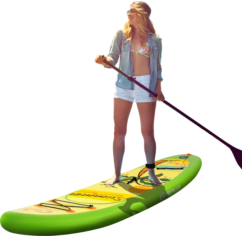 Inflatable stand-up paddle board with 3 fins, featuring anti-slip EVA pad, perfect for all skill levels on the water.