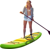 Inflatable stand-up paddle board with 3 fins, featuring anti-slip EVA pad, perfect for all skill levels on the water.