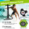 Manual pump with pressure gauge for inflatable stand-up paddle board, designed for quick inflation and easy use.
