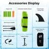 Inflatable paddle board accessories including a hand pump, aluminum paddle, repair kit, and large-capacity backpack.