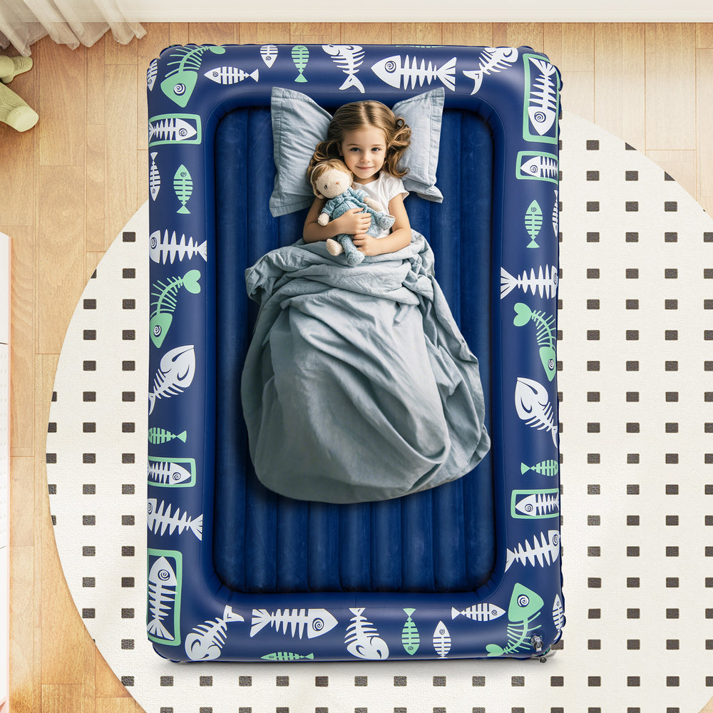 Inflatable toddler travel bed in blue with raised bed rails, soft flocking surface, and electric pump for easy setup.