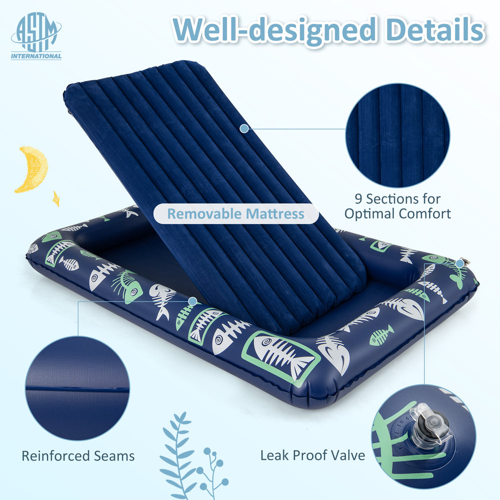 Inflatable toddler travel bed in blue with removable mattress, raised bed rails, and electric pump for safe.