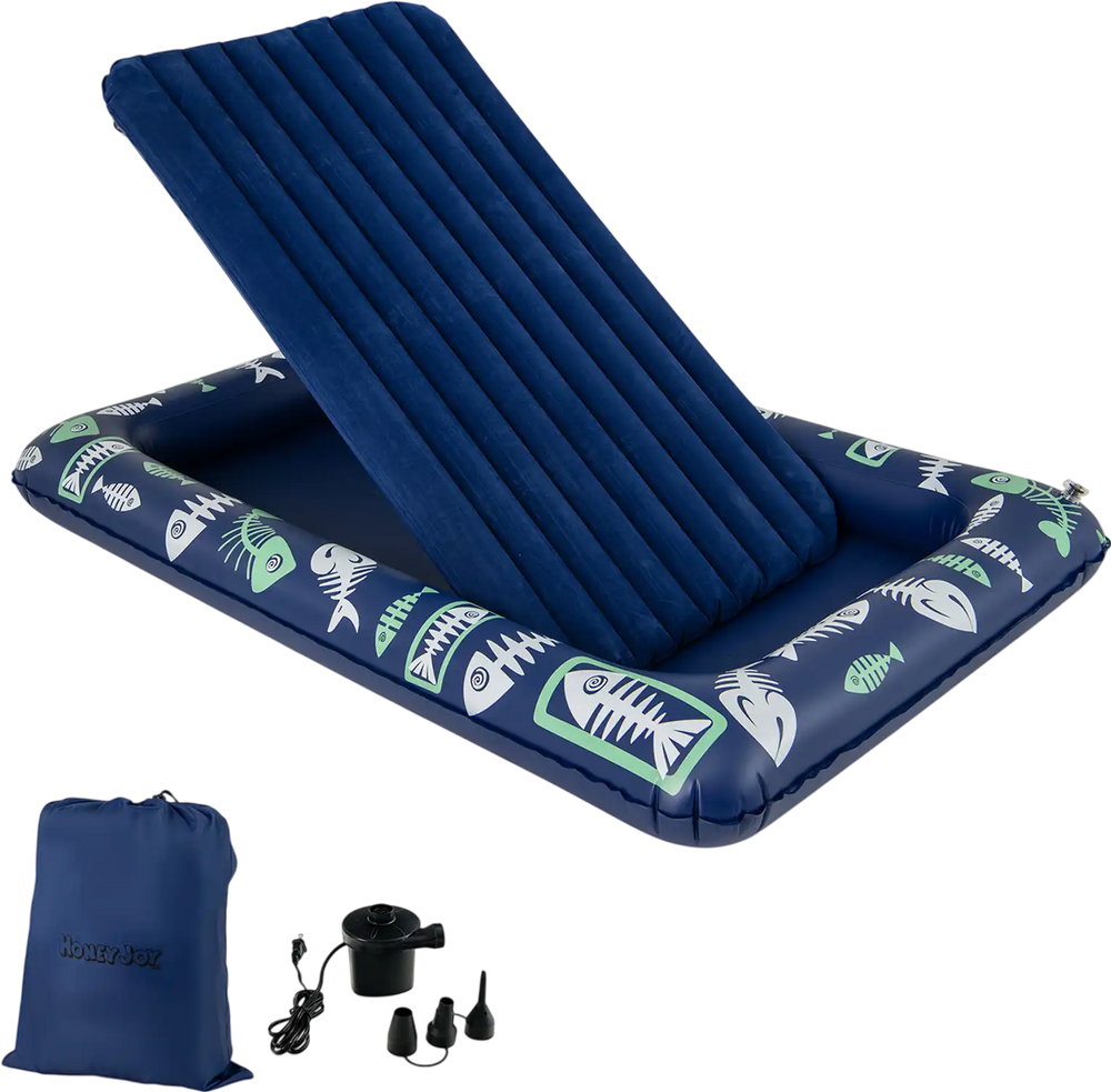 Inflatable toddler travel bed in blue with raised bed rails, electric pump, and storage bag for safe, comfortable sleep.