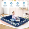 Inflatable toddler travel bed in blue with raised bed rails, soft flocking surface, and electric pump for easy.