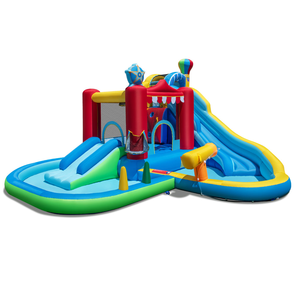 Inflatable water park with slide, splash pool, and bounce house for summer fun, featuring a water cannon and ball pit.