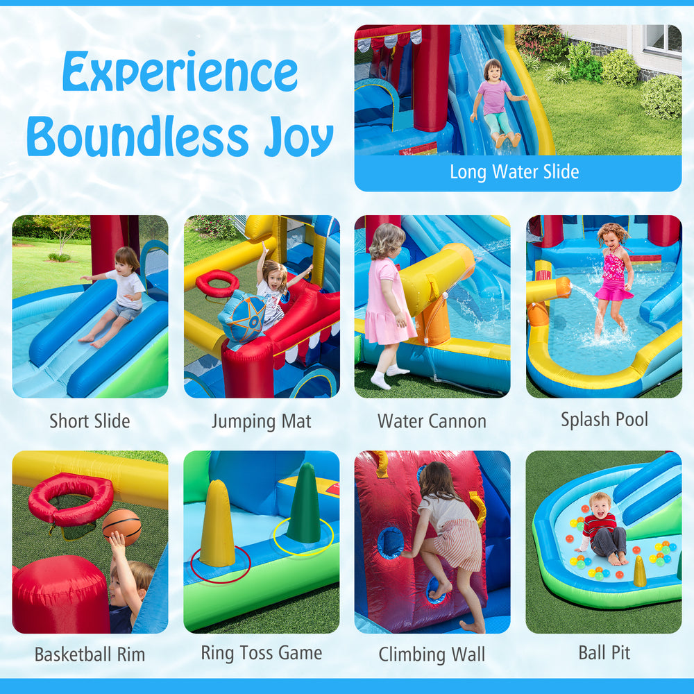 Inflatable water park with long slide, splash pool, and climbing wall for summer fun and active play.