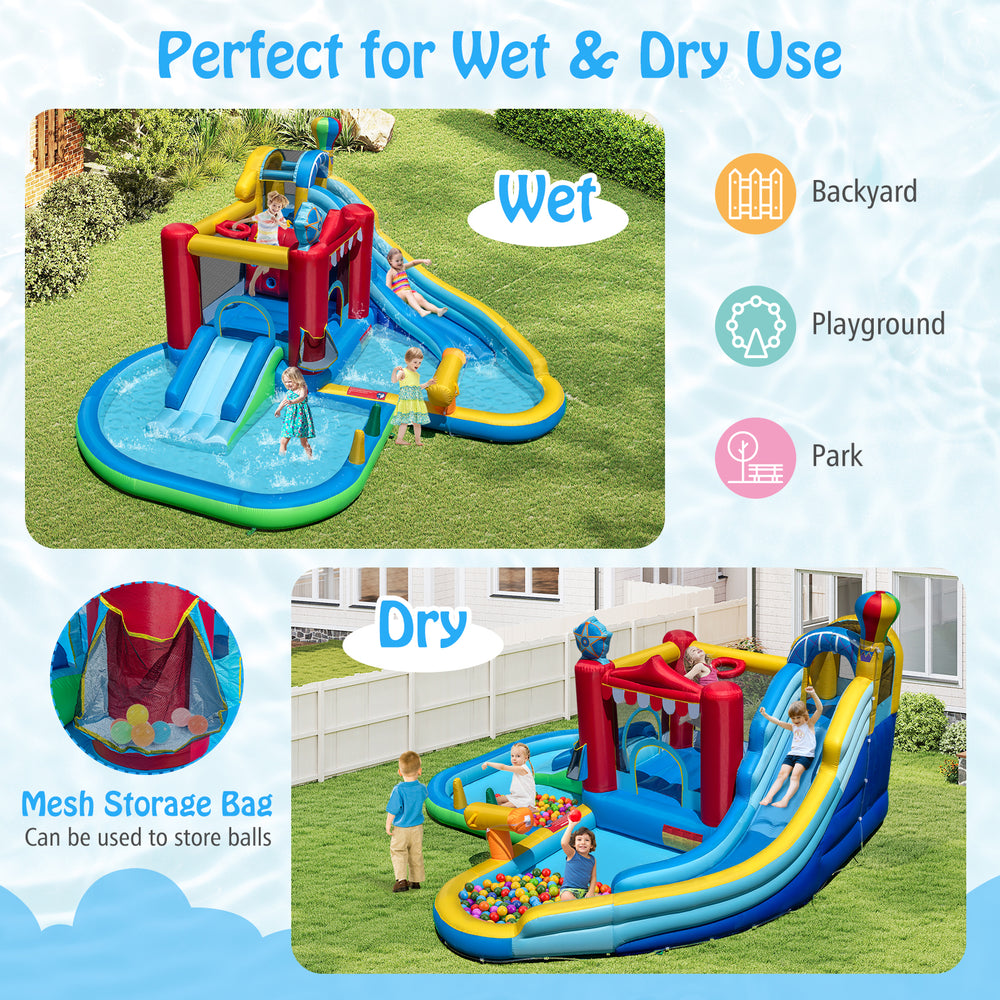 Inflatable water park slide with splash pool, bounce house, and climbing wall for backyard fun and active play.