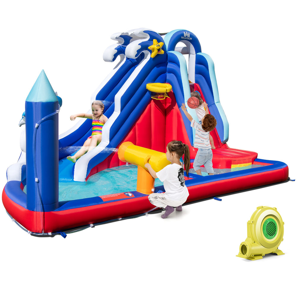 Colorful 6-in-1 inflatable water park with slide, pool, and games for summer fun, includes 735W blower for quick setup.