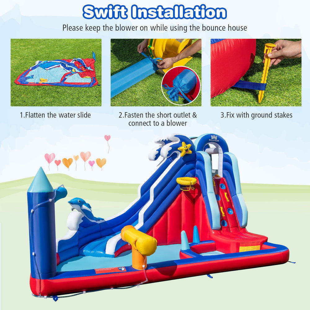 6-In-1 inflatable water park featuring a climbing wall, splash pool, and water slide, ideal for summer fun.