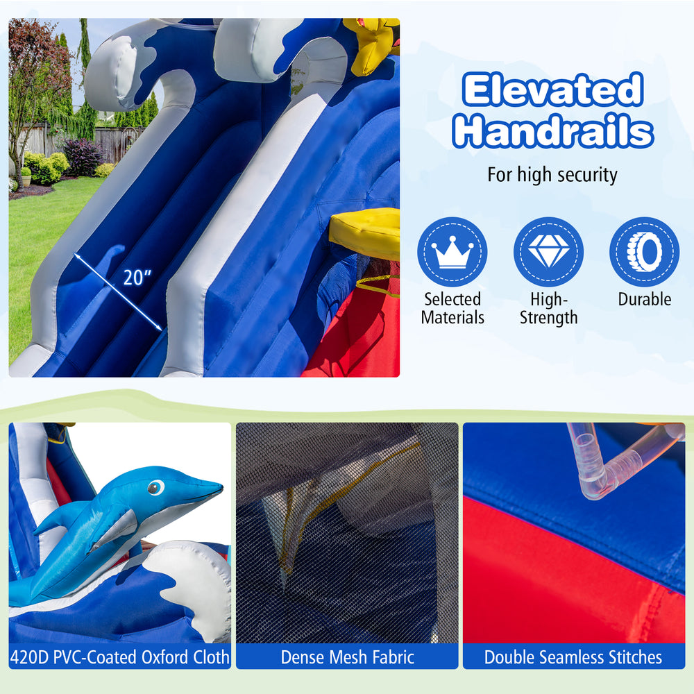 Close-up of the 6-in-1 inflatable water park's elevated handrails, featuring durable 420D PVC-coated oxford cloth for.