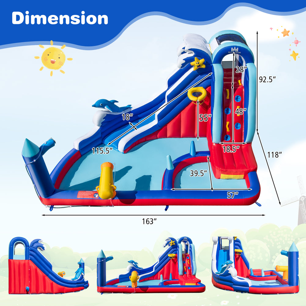 6-In-1 Inflatable Water Park with slide, splash pool, and games, made of durable PVC-coated oxford cloth for summer fun.