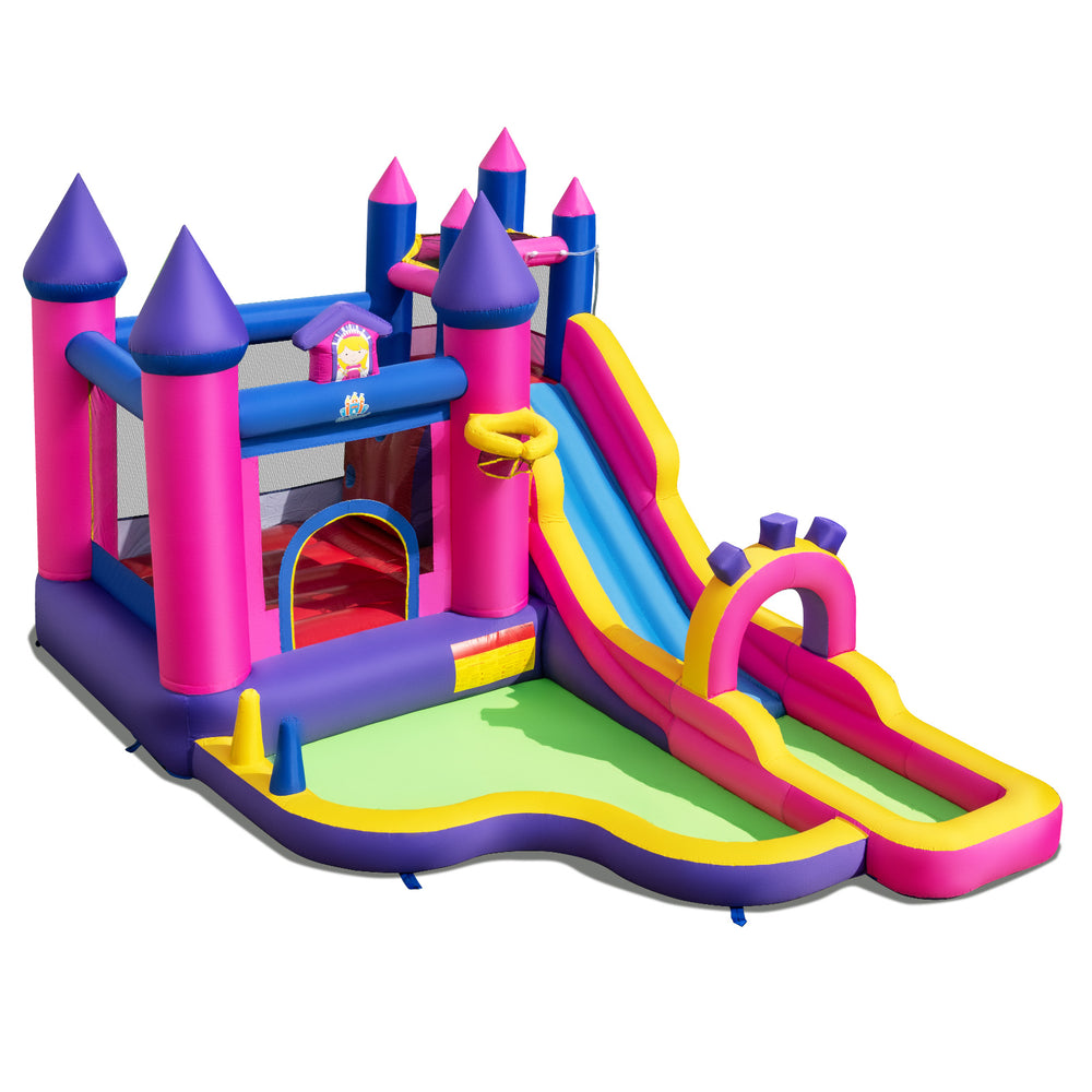 Princess-themed inflatable water slide bounce castle with climbing wall, featuring a splash pool and basketball hoop.