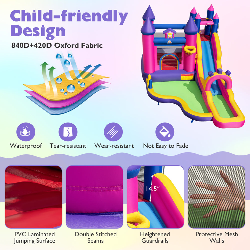 Inflatable water slide bounce castle with climbing wall, waterproof Oxford fabric, and safety mesh walls for outdoor.