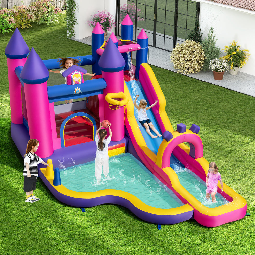 Princess-themed inflatable water slide bounce castle with climbing wall and splash pool for outdoor fun.