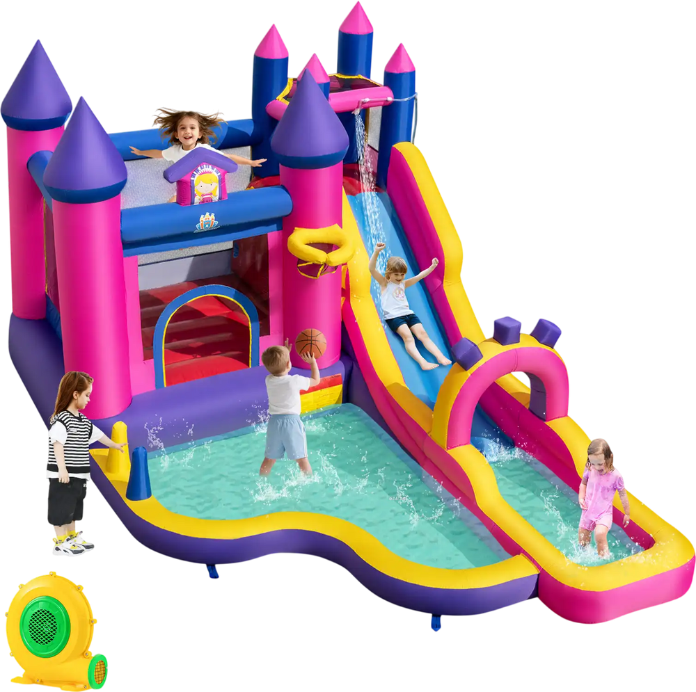 Inflatable Water Slide Princess Themed Bounce Castle with Climbing Wall 680W Blower Included