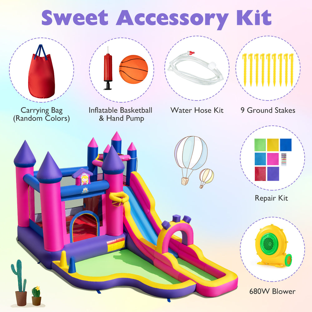 Inflatable water slide princess themed bounce castle with climbing wall, includes 680W blower and sweet accessory kit.