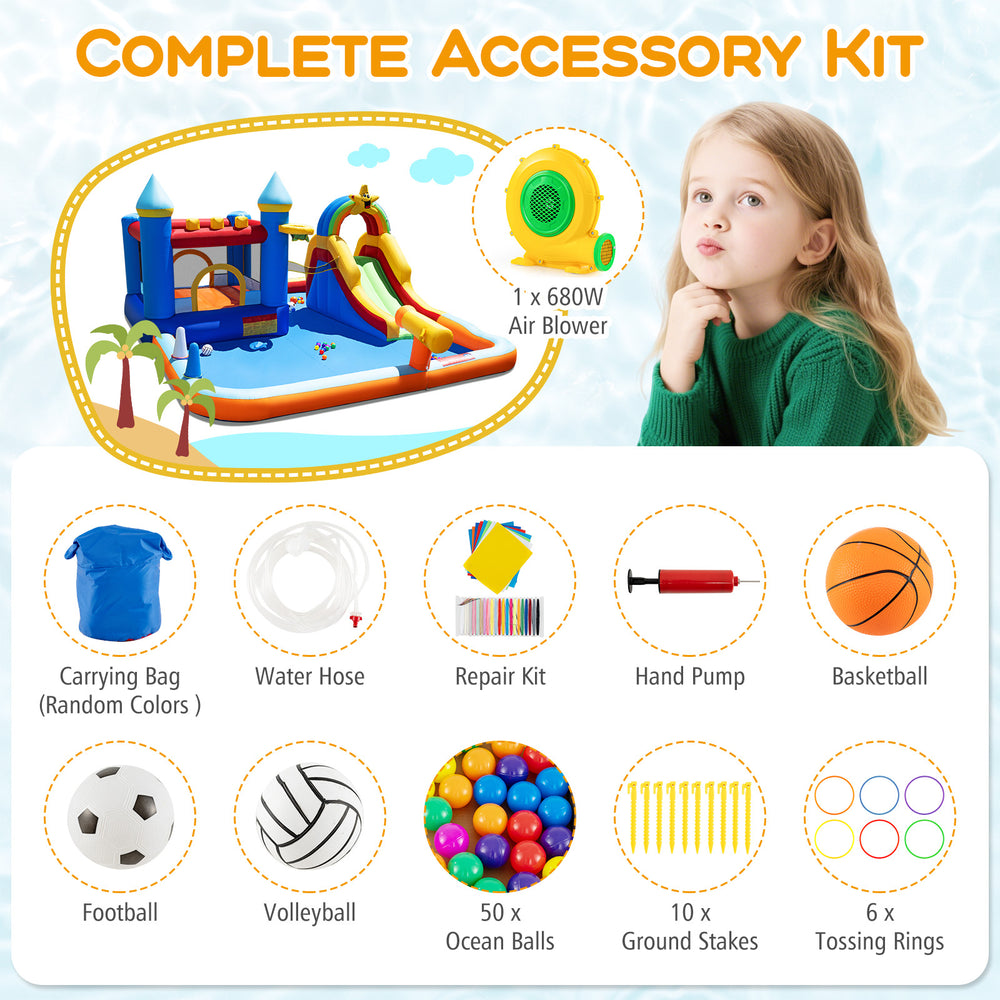 Inflatable water slide park with climbing wall, splash pool, and games, made of durable 420D oxford cloth for outdoor.