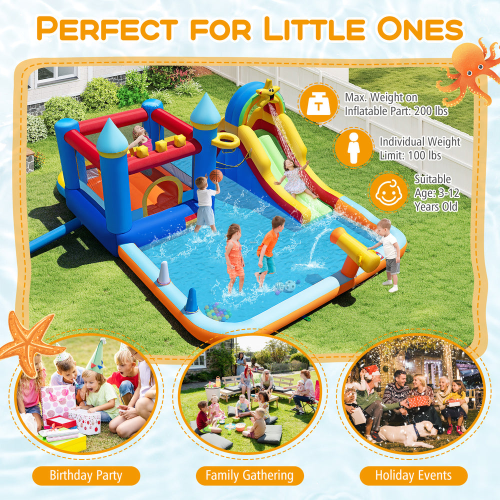 Inflatable water slide park with climbing wall, splash pool, and games for kids aged 3-12, perfect for outdoor fun.