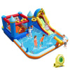 Inflatable water slide park with climbing wall, splash pool, and games for kids, perfect for outdoor fun and parties.