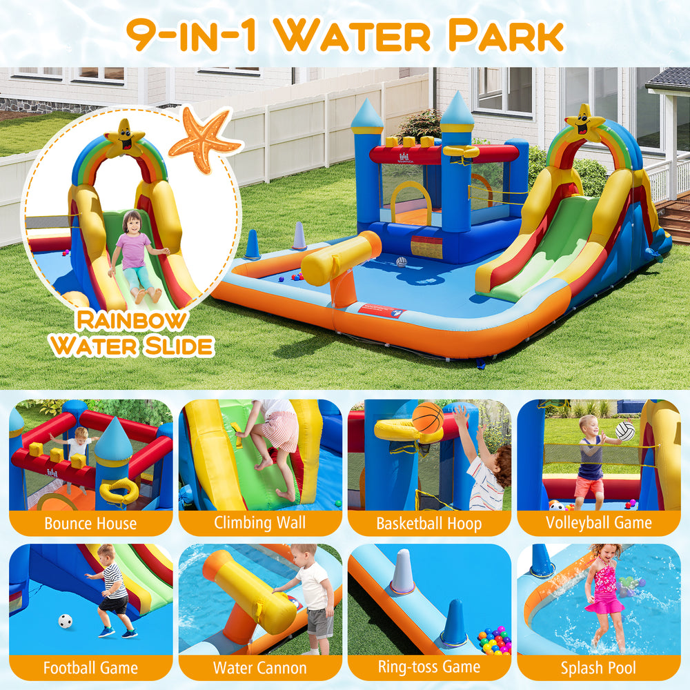 Inflatable water slide park featuring a climbing wall, splash pool, and various games for outdoor fun and activities.