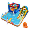 Inflatable water slide park with climbing wall, splash pool, and water cannon for kids' outdoor fun and games.