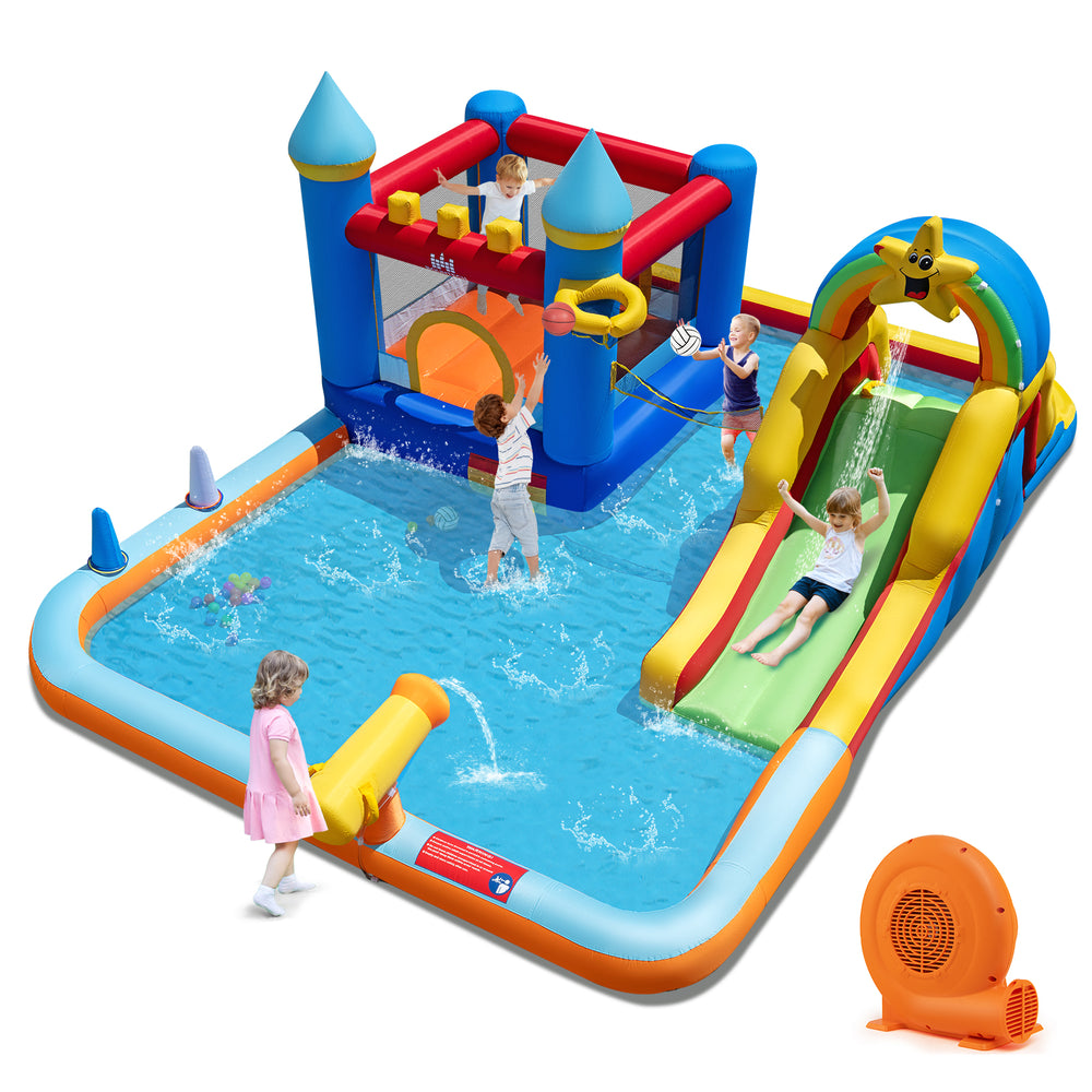 Inflatable water slide park with climbing wall, splash pool, and water cannon for kids' outdoor fun and games.