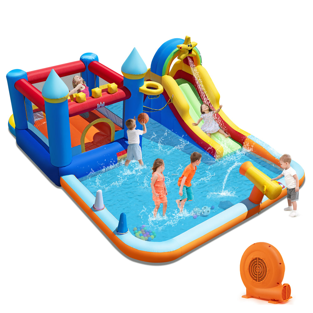 Inflatable water slide park with climbing wall, splash pool, and games for kids, perfect for outdoor fun and parties.