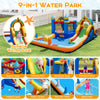 Inflatable water slide park featuring a climbing wall, splash pool, and various games for outdoor fun and active play.