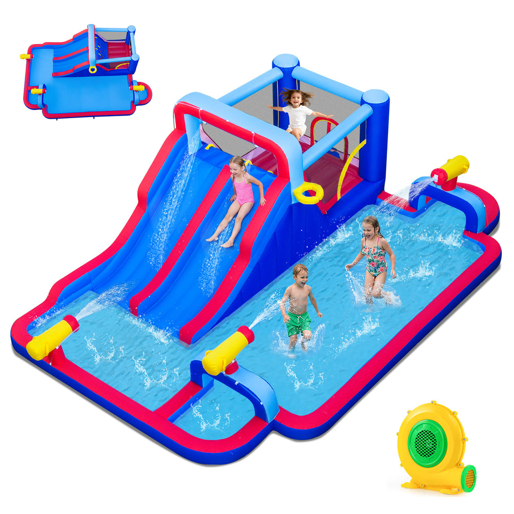 Giant inflatable water slide park with double slides, splash pool, and water cannons for summer fun and active play.